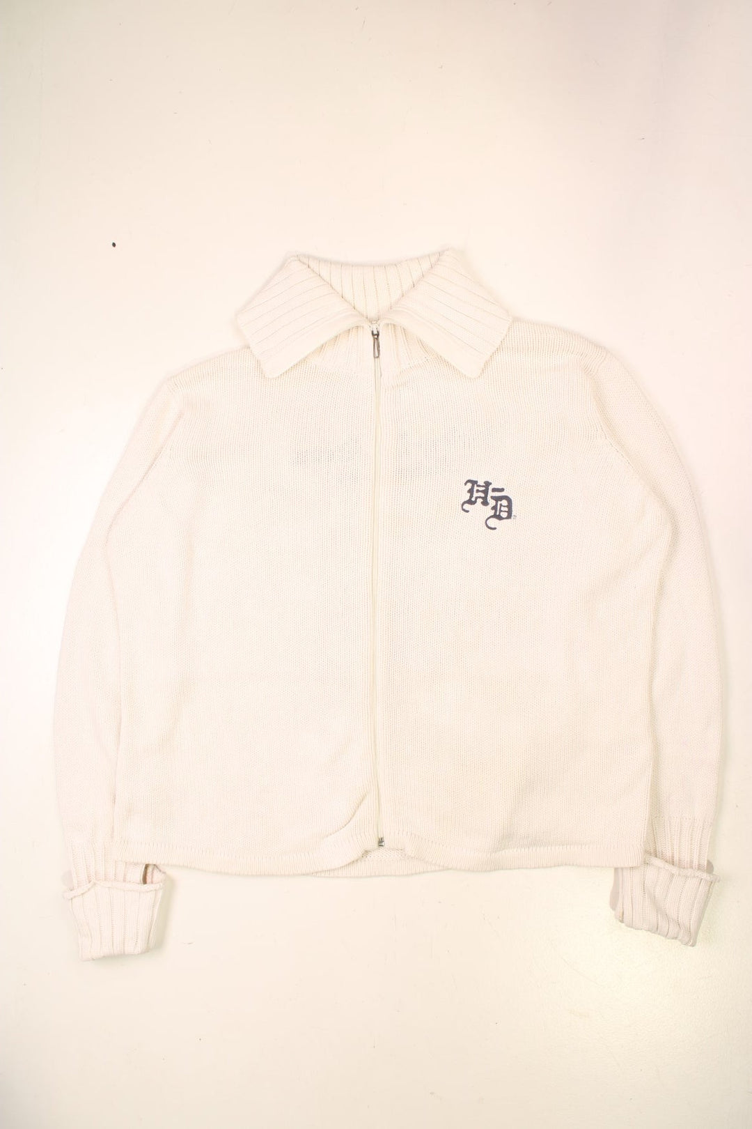 Harley-Davidson zip-through cardigan in white with embroidered logos on the front and back.