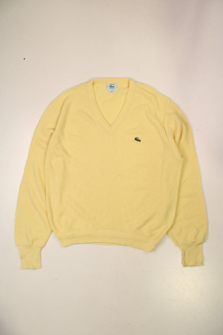 Lacoste lightweight v-neck jumper in yellow with an embroidered crocodile logo on the front.