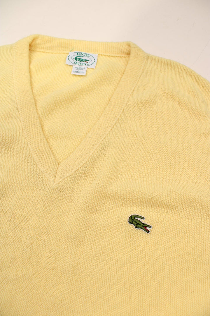 Lacoste lightweight v-neck jumper in yellow with an embroidered crocodile logo on the front.