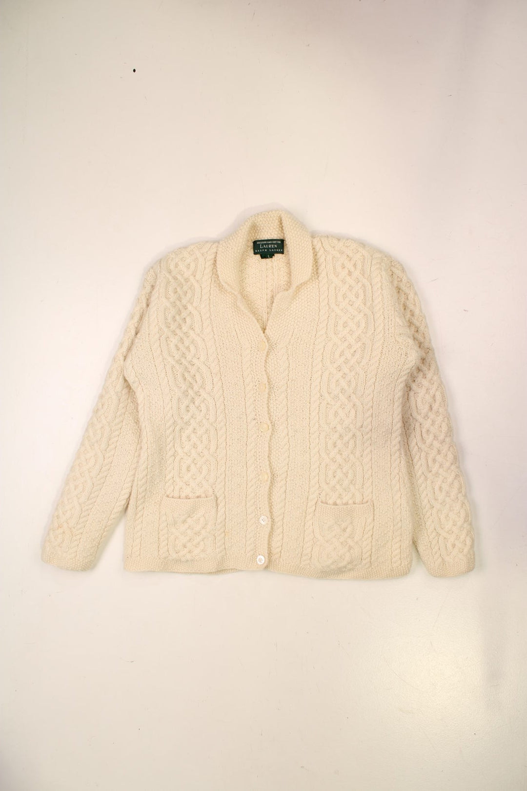 Lauren by Ralph Lauren cable knit cardigan in white with two pockets.