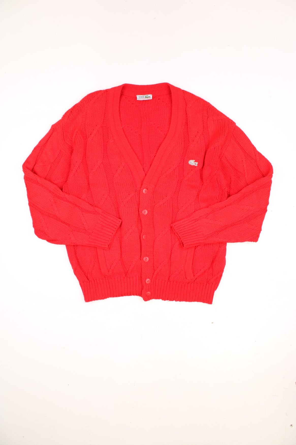 Vintage Lacoste cable knit cardigan in red with embroidered logo on the chest.