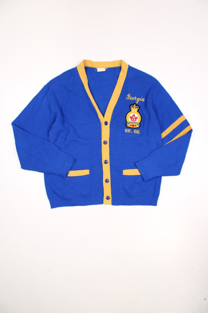 Vintage 60s/70s The Royal Canadian Legion, "memoriam eorum retinebimus" blue and yellow cardigan with embroidered badge on the chest. 