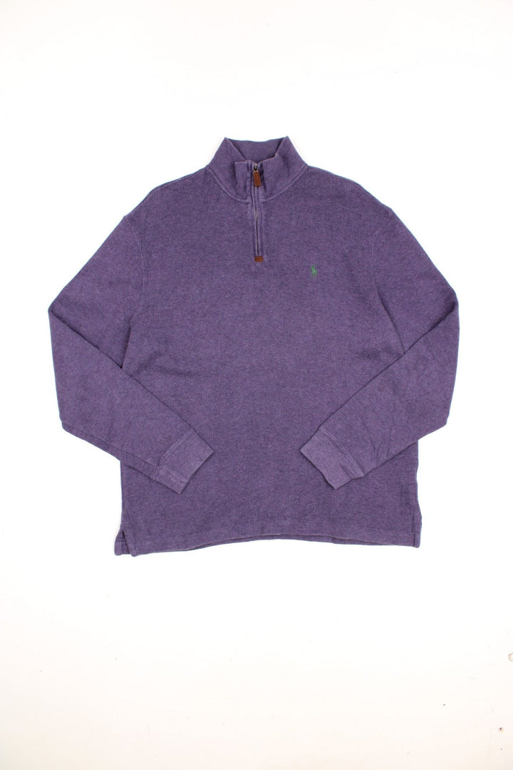 Ralph Lauren quarter zip sweatshirt in purple with embroidered logo on the chest.