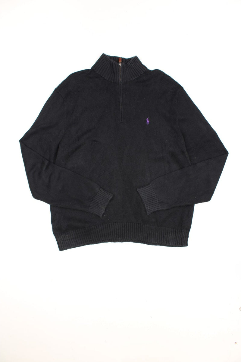 Ralph Lauren black knitted quarter zip sweatshirt with purple signature embroidered logo on the chest. 