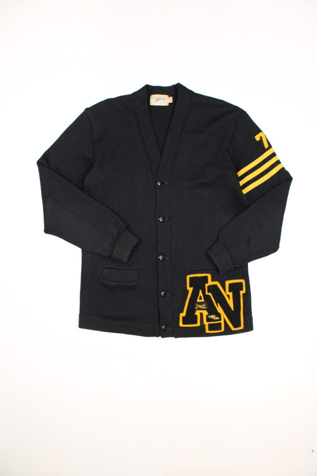 Vintage Albion Knit 100% Virgin Wool varsity letterman cardigan in black and yellow. 