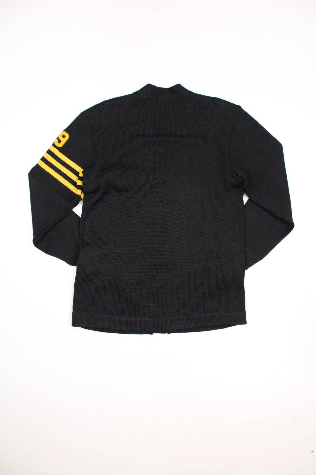 Vintage Albion Knit 100% Virgin Wool varsity letterman cardigan in black and yellow. 