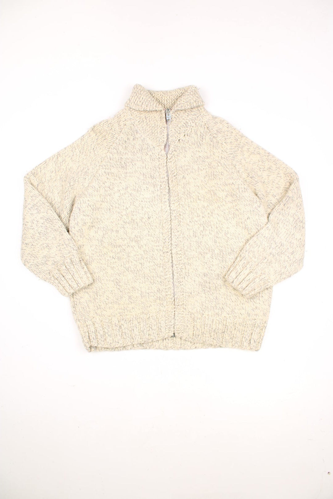 Vintage 50s/60s hand made, chunky knit zip through cardigan in beige and grey.