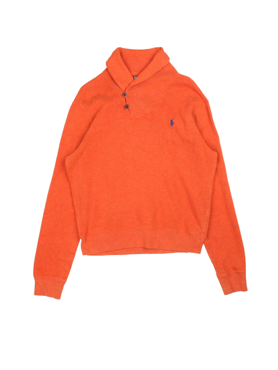 Ralph Lauren jumper in a orange colourway with button fasten neckline and embroidered logo on front.