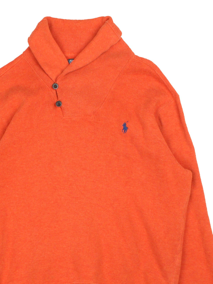 Ralph Lauren jumper in a orange colourway with button fasten neckline and embroidered logo on front.