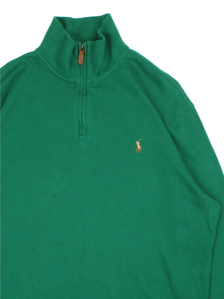 Ralph Lauren 1/4 Zip Jumper in a green colourway, with embroidered logo on front.