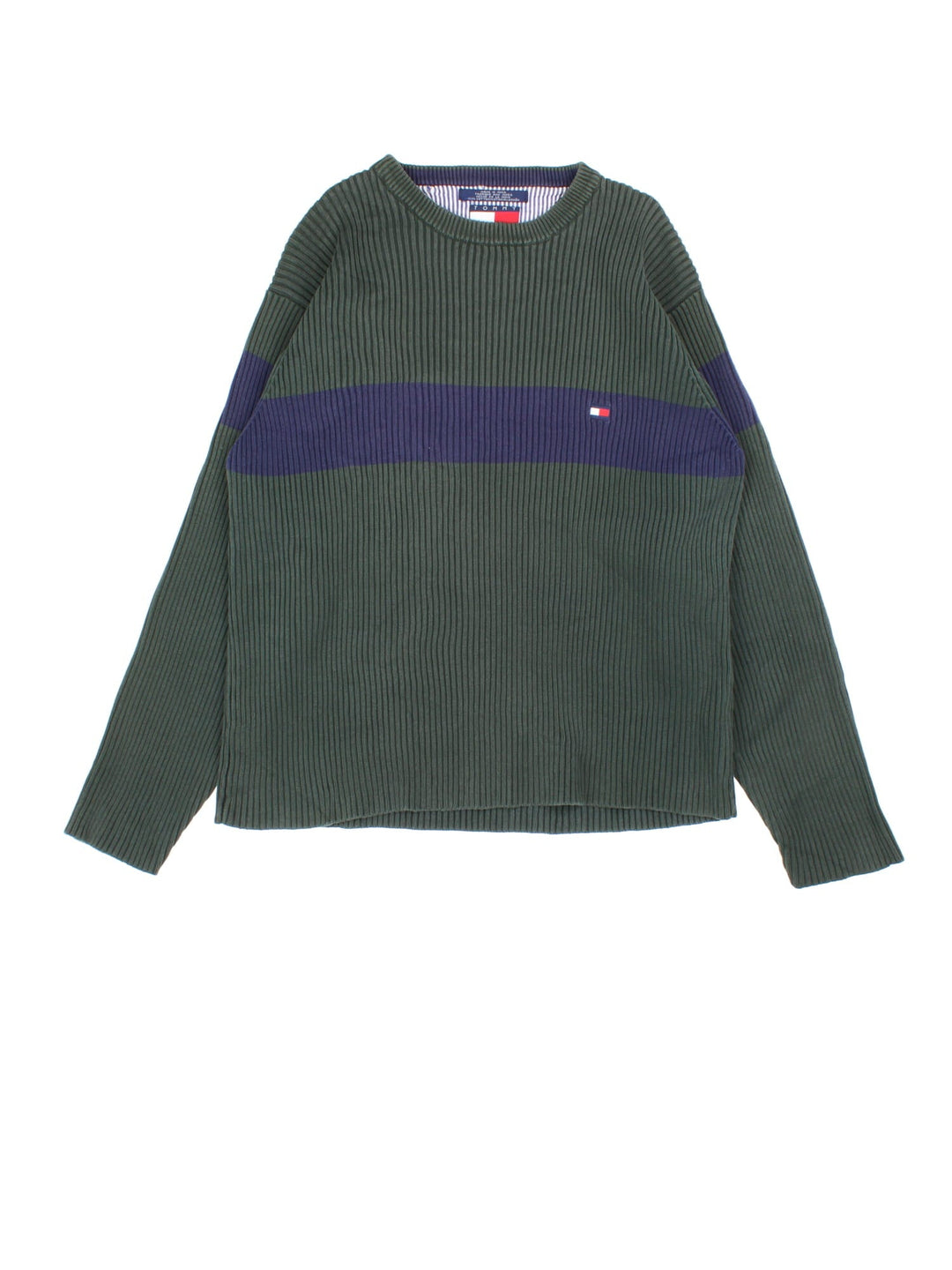 Tommy Hilfiger Jumper in a green colourway with contast blue stripe. Embroidered logo on front.