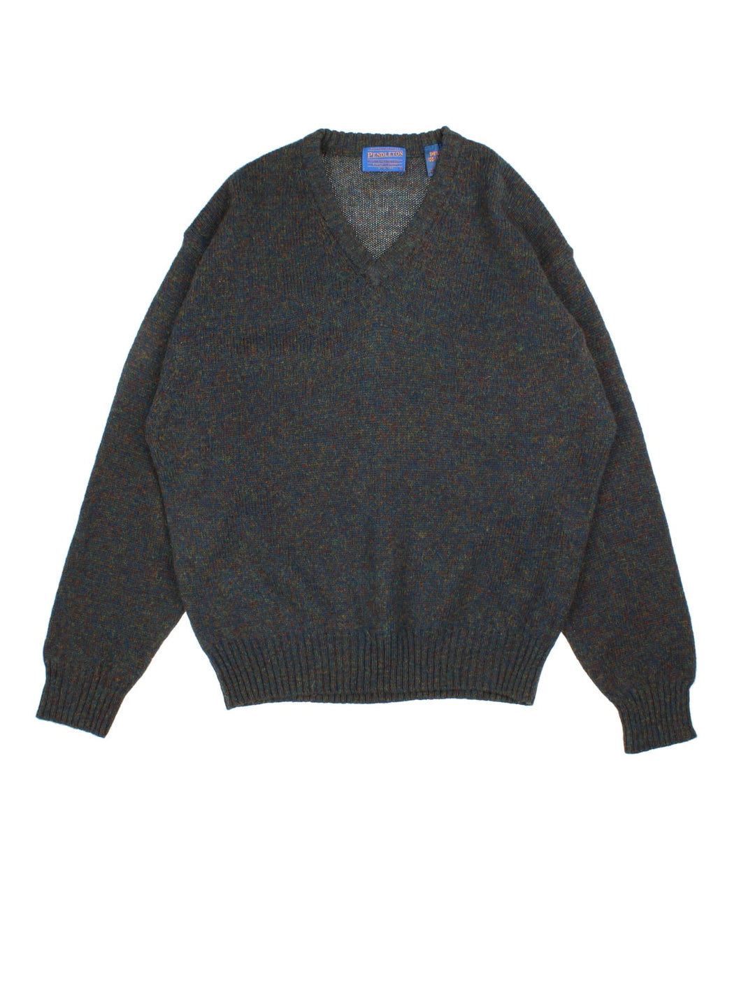 Pendleton Jumper in a blue/brown fleck colourway. V neck and cuffed hems.