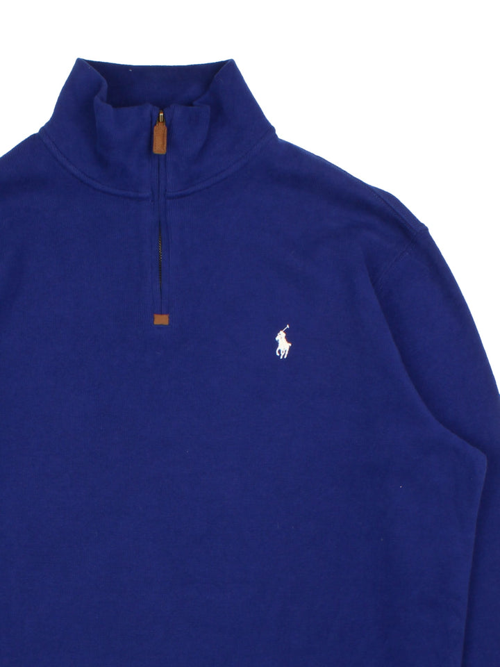 Ralph Lauren 1/4 Zip Jumper in a blue colourway, with embroidered logo on front.