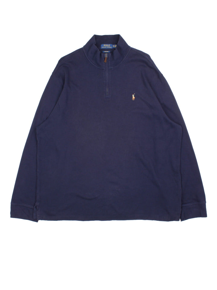 Ralph Lauren 1/4 Zip Jumper in a blue colourway, with embroidered logo on front.