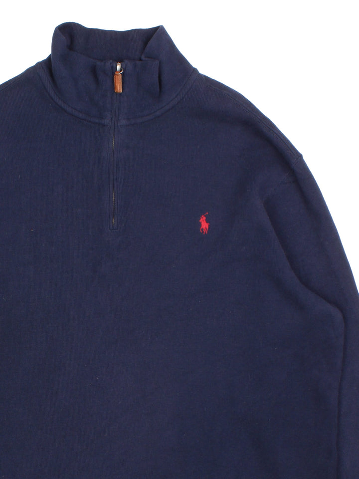 Ralph Lauren 1/4 Zip Jumper in a blue colourway, with embroidered logo on front.