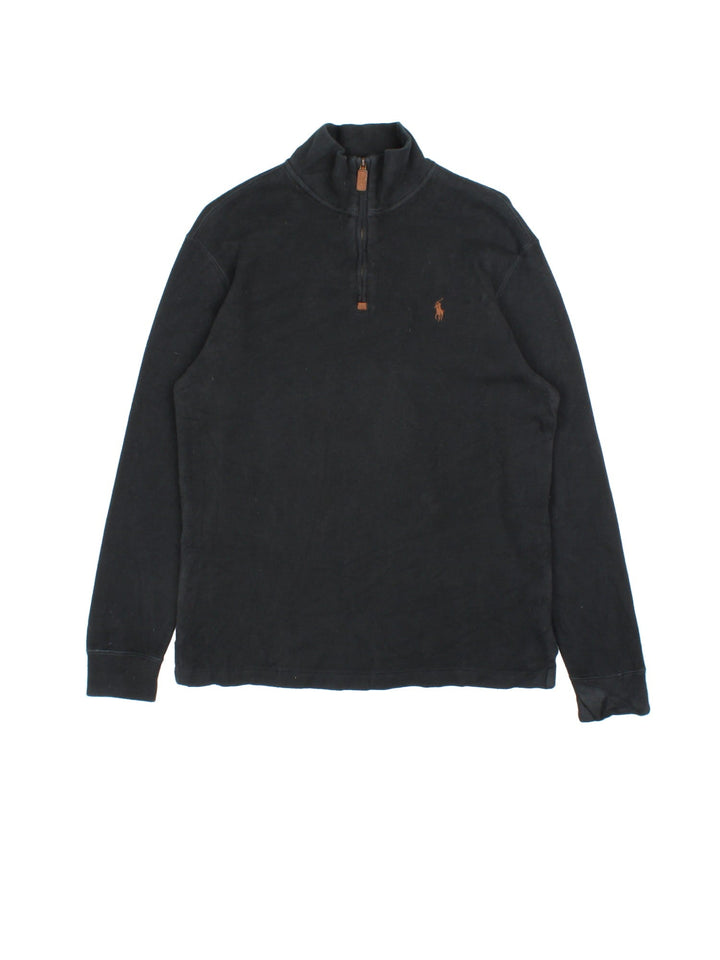 Ralph Lauren 1/4 Zip Jumper in a black colourway, with embroidered logo on front.