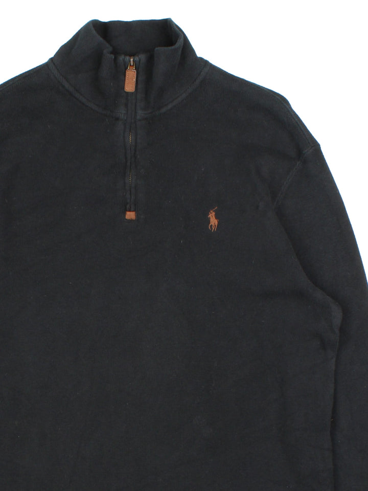 Ralph Lauren 1/4 Zip Jumper in a black colourway, with embroidered logo on front.