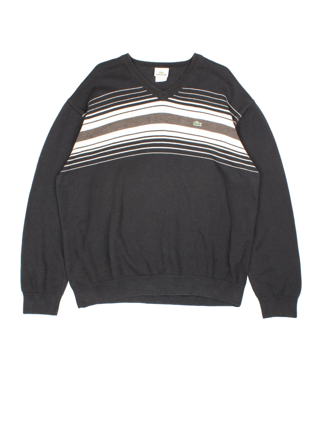 Lacoste Jumper in a black colourway with contrast white and grey stripe. V neck, with cuffed hems and embroided logo.