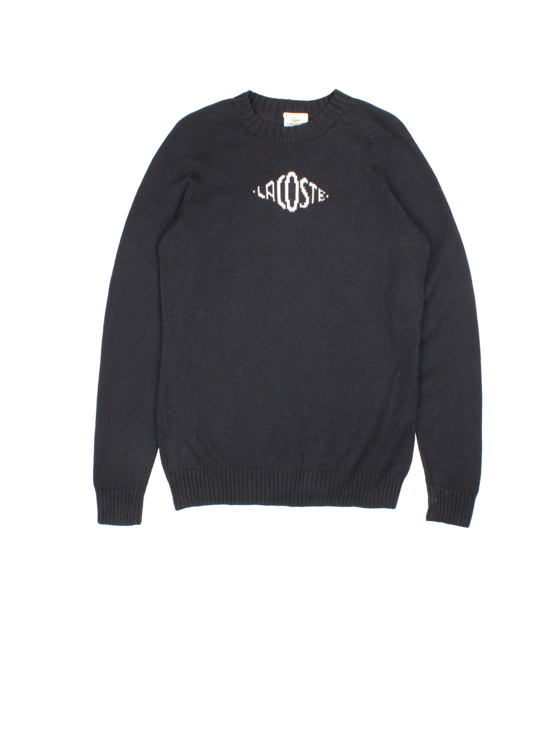 Lacoste Jumper in a black colourway with contrast white knitted branding. Crewneck with cuffed hems.