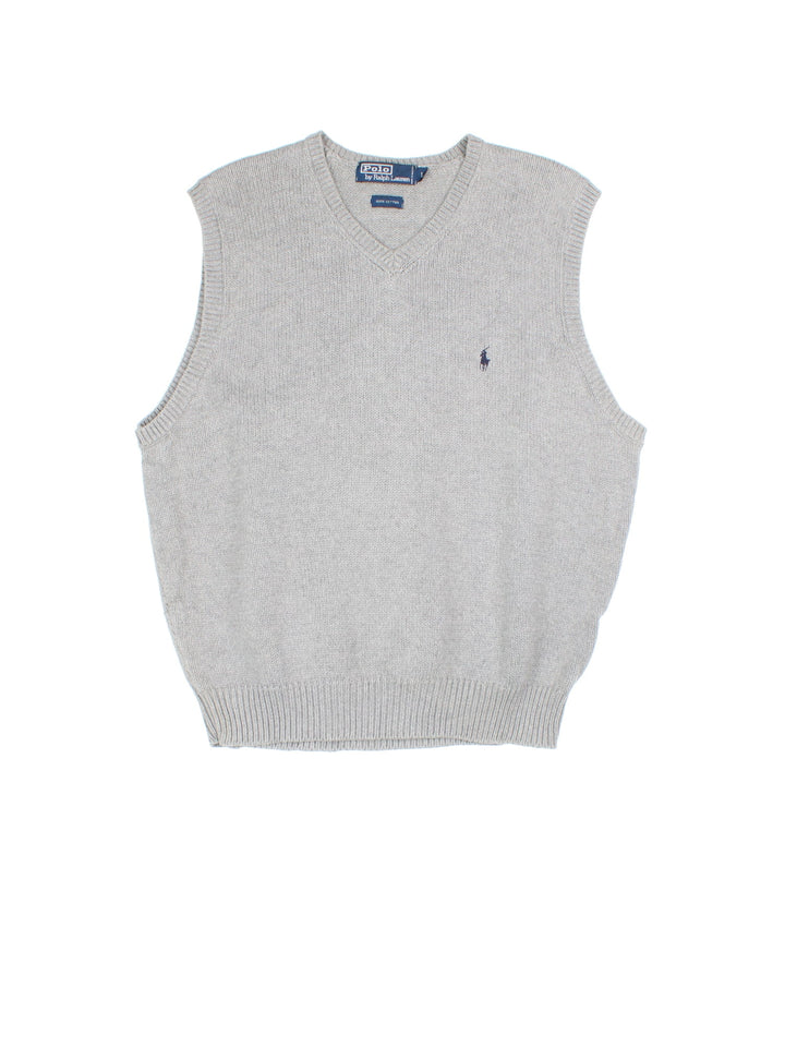 Ralph Lauren Sweater Vest in a grey colourway. V neckine with embroidered logo on front.