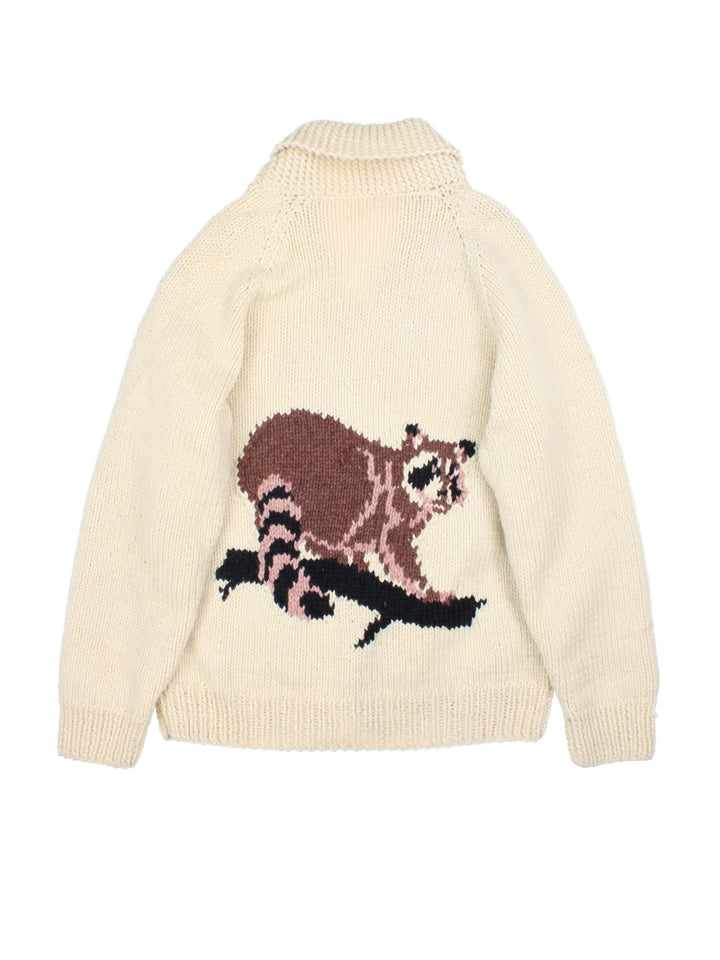 Vintage Cowichan Hand Knitted Cardigan in a tan colourway. Zip up with raccoon on front and back.