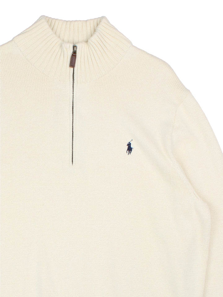 Ralph Lauren 1/4 Zip Jumper in a white colourway, with embroidered logo on front.