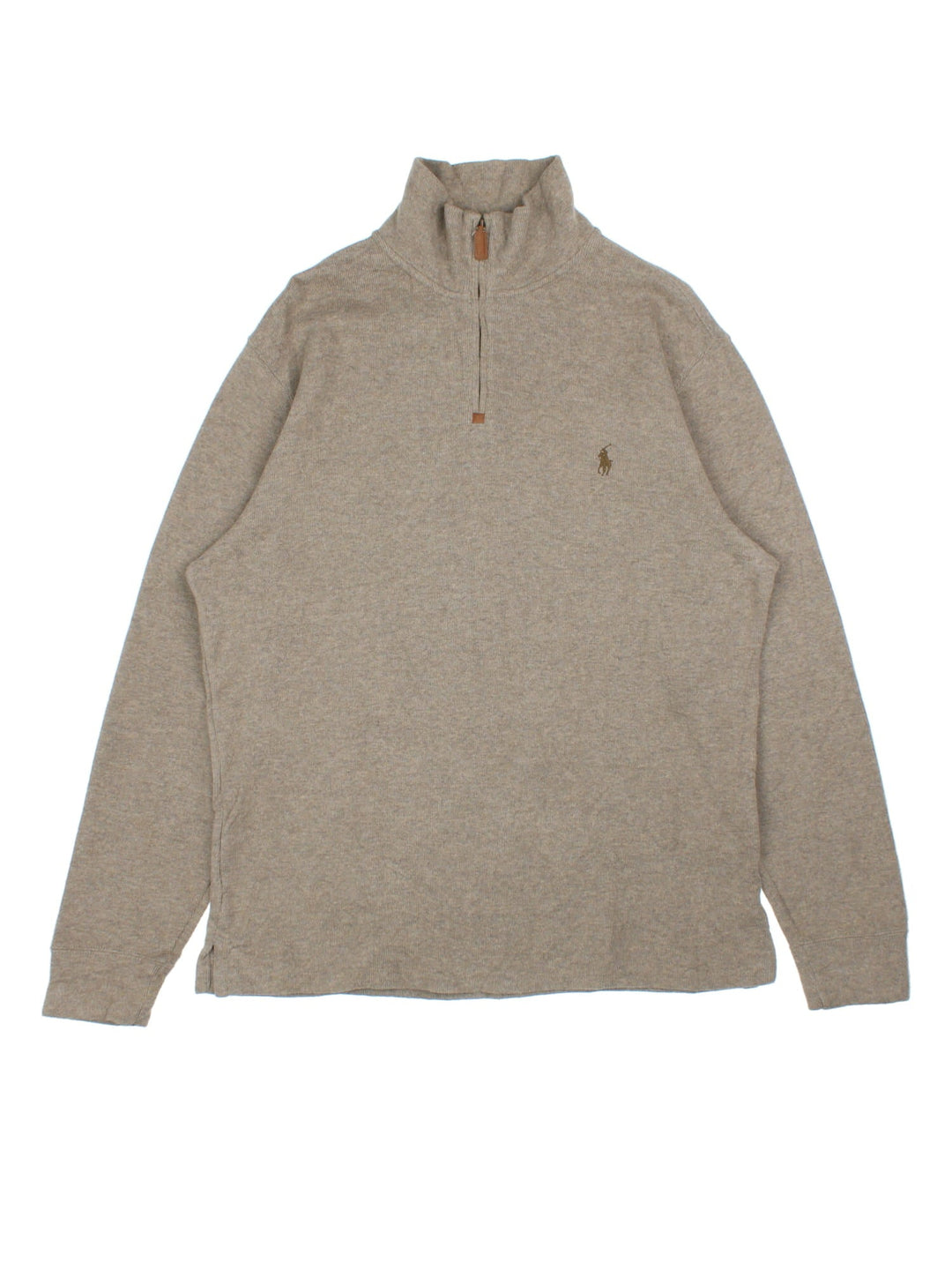 Ralph Lauren 1/4 Zip Jumper in a tan colourway, with embroidered logo on front.