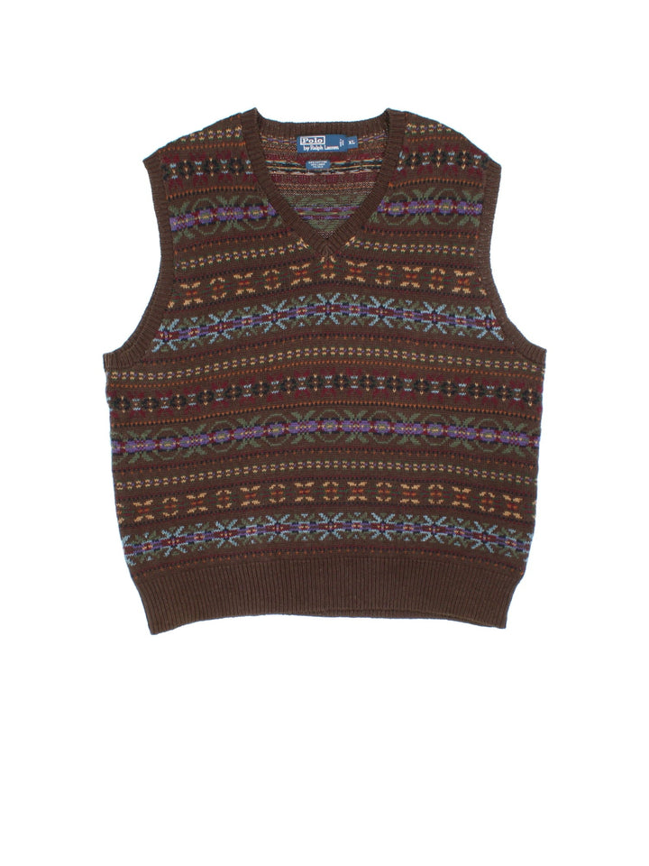 Ralph Lauren FairIsle Knitted Vest in a brown/multi colourway. V neck and all over fairisle print.