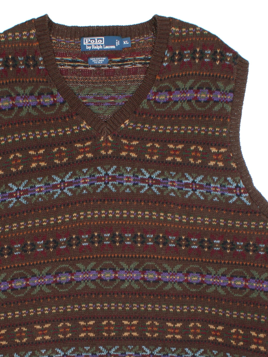 Ralph Lauren FairIsle Knitted Vest in a brown/multi colourway. V neck and all over fairisle print.