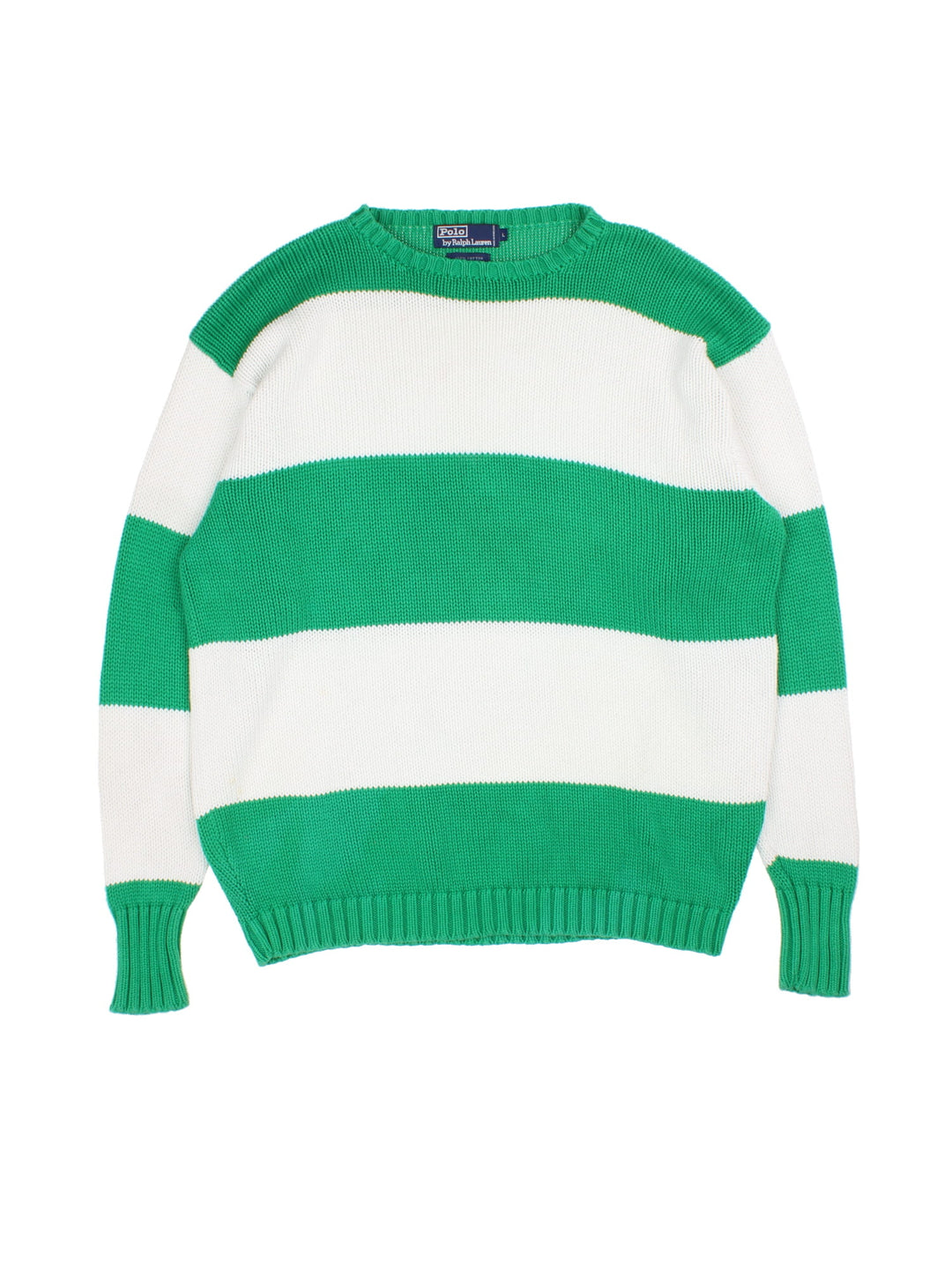 Ralph Lauren Striped jumper in a green and white colourway with cuffed hem and sleeves.