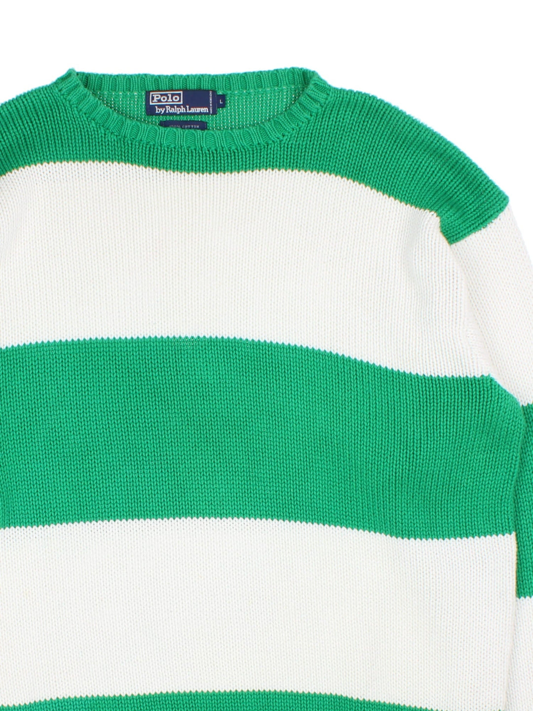 Ralph Lauren Striped jumper in a green and white colourway with cuffed hem and sleeves.