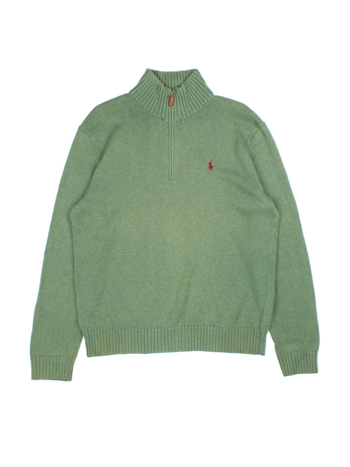 Ralph Lauren 1/4 Zip jumper in a green colourway with classic embroidered logo on the front.