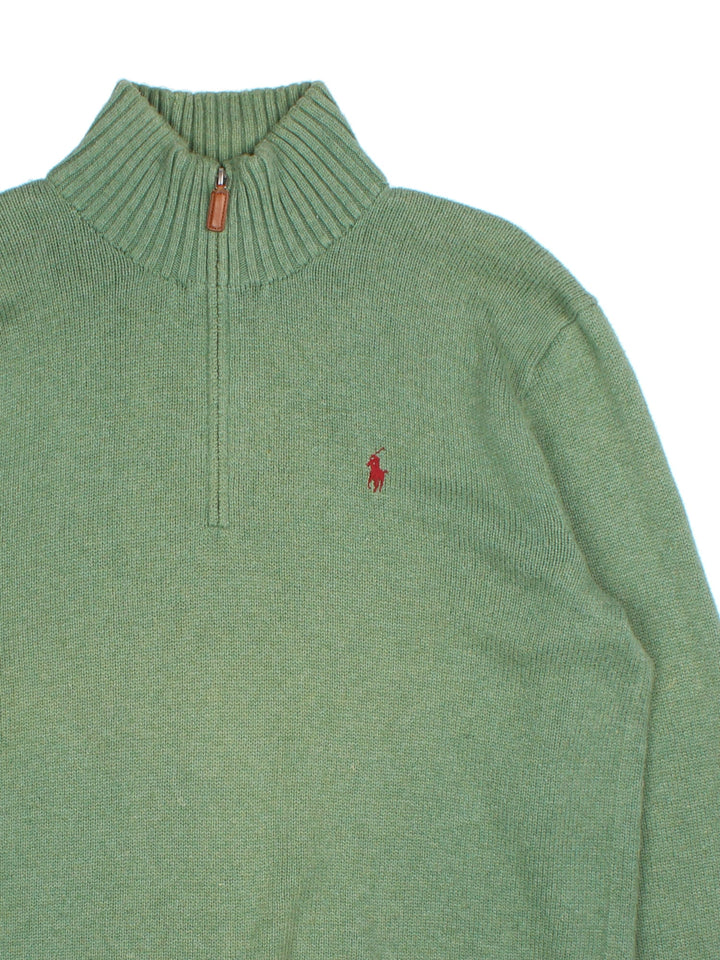 Ralph Lauren 1/4 Zip jumper in a green colourway with classic embroidered logo on the front.