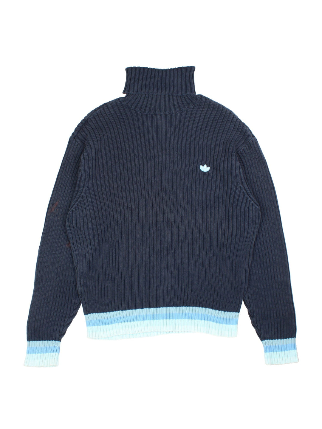 Vintage Adidas roll neck jumper in a blue colourway with embroidered logo on the front. Light blue patterned trim around the sleeves and hem.