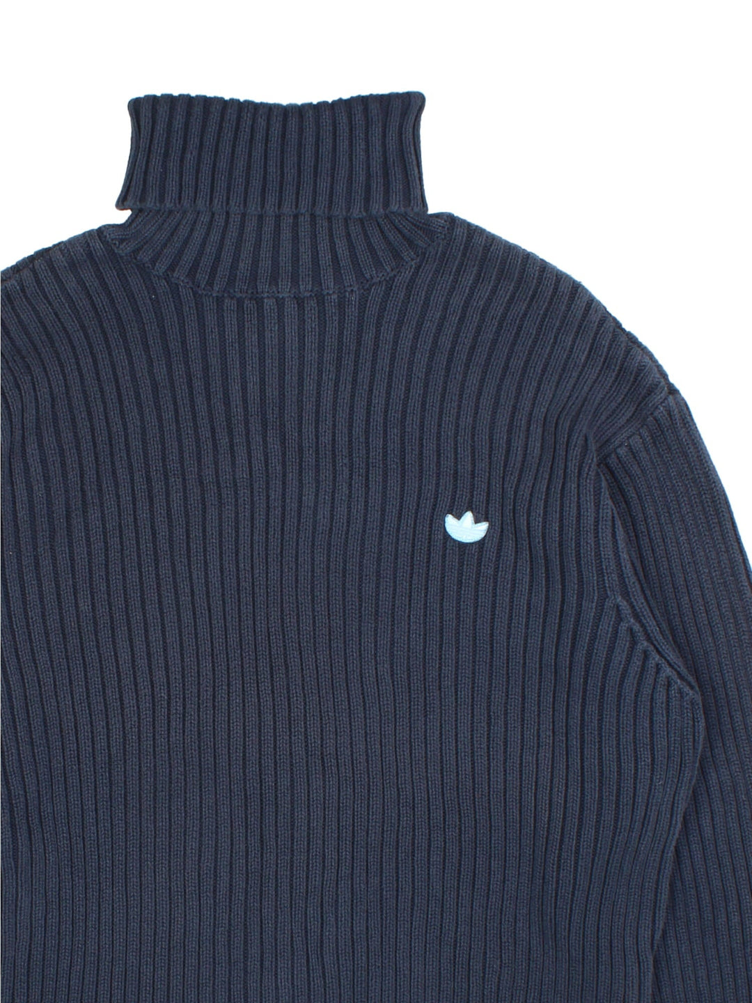 Vintage Adidas roll neck jumper in a blue colourway with embroidered logo on the front. Light blue patterned trim around the sleeves and hem.