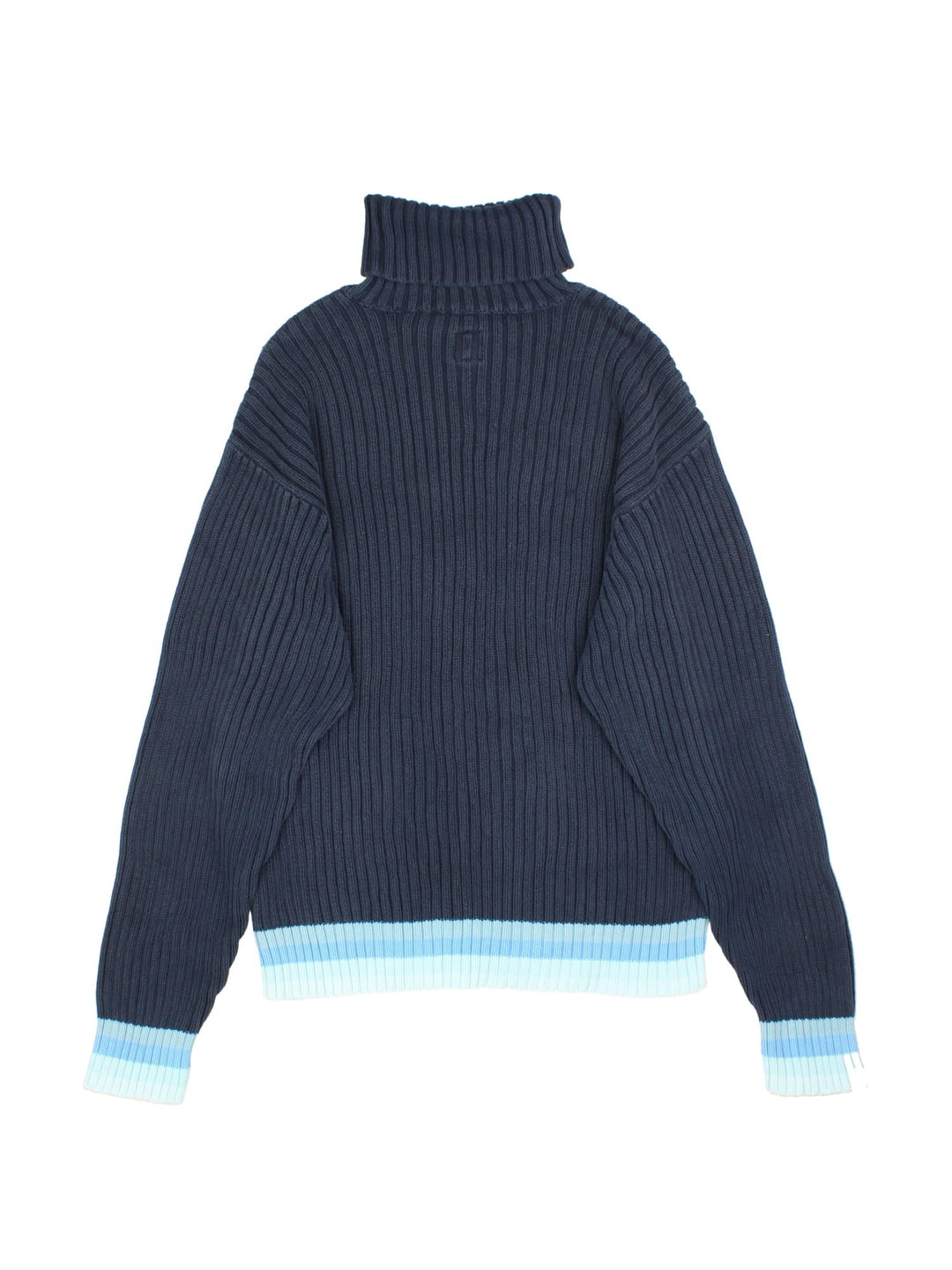 Vintage Adidas roll neck jumper in a blue colourway with embroidered logo on the front. Light blue patterned trim around the sleeves and hem.