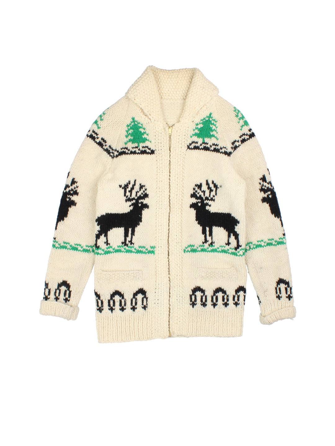 Vintage Cowichan Reindeer Cardigan in a tan colourway, zips up and has two pockets and large reindeer print on the front and back.