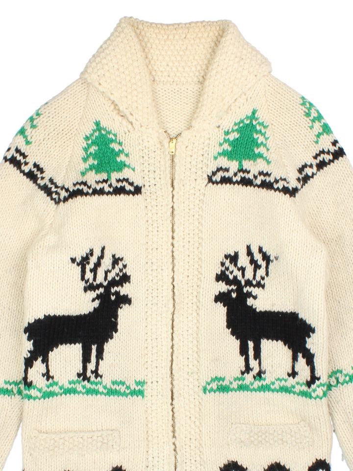 Vintage Cowichan Reindeer Cardigan in a tan colourway, zips up and has two pockets and large reindeer print on the front and back.