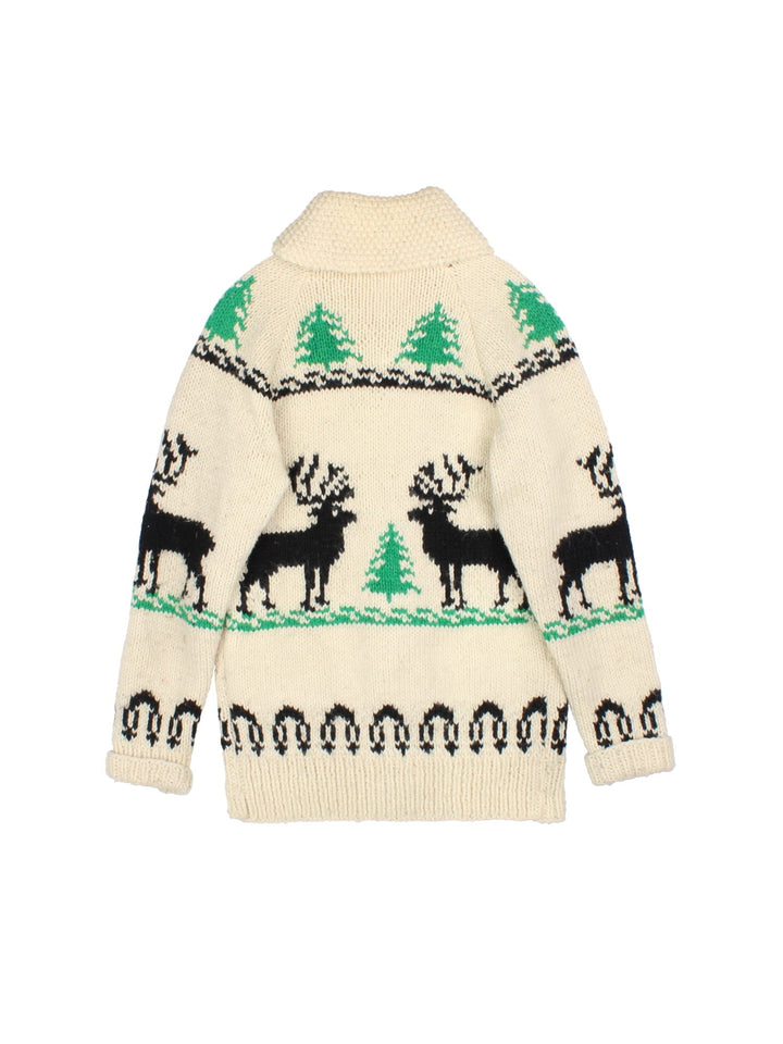 Vintage Cowichan Reindeer Cardigan in a tan colourway, zips up and has two pockets and large reindeer print on the front and back.