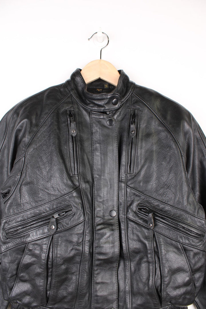 Harley Davidson Motorcycle Jacket in a black colourway, zip up with multiple pockets, air vent zips at the top, and has a mesh lining. 