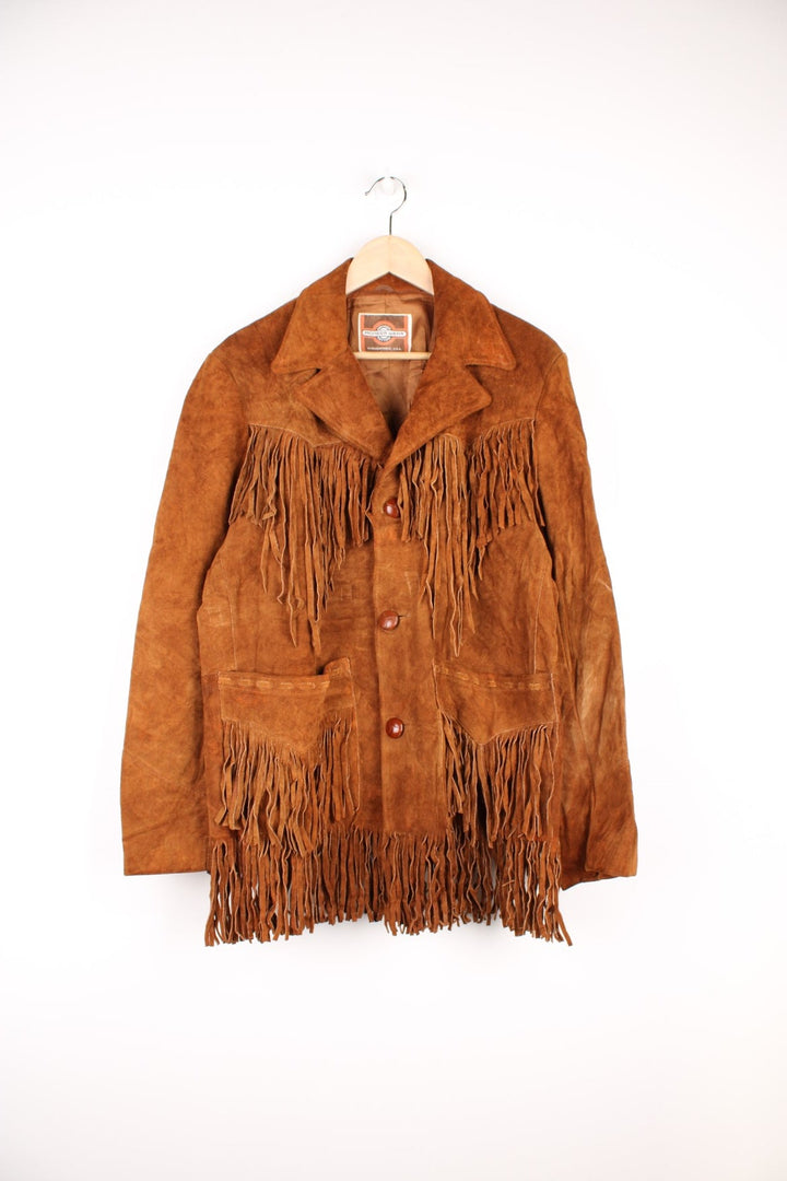 Vintage Pioneer Wear Western Leather Fringe Jacket in a brown colourway, button up with side pockets, big collar, and has fringe tassels throughout. 