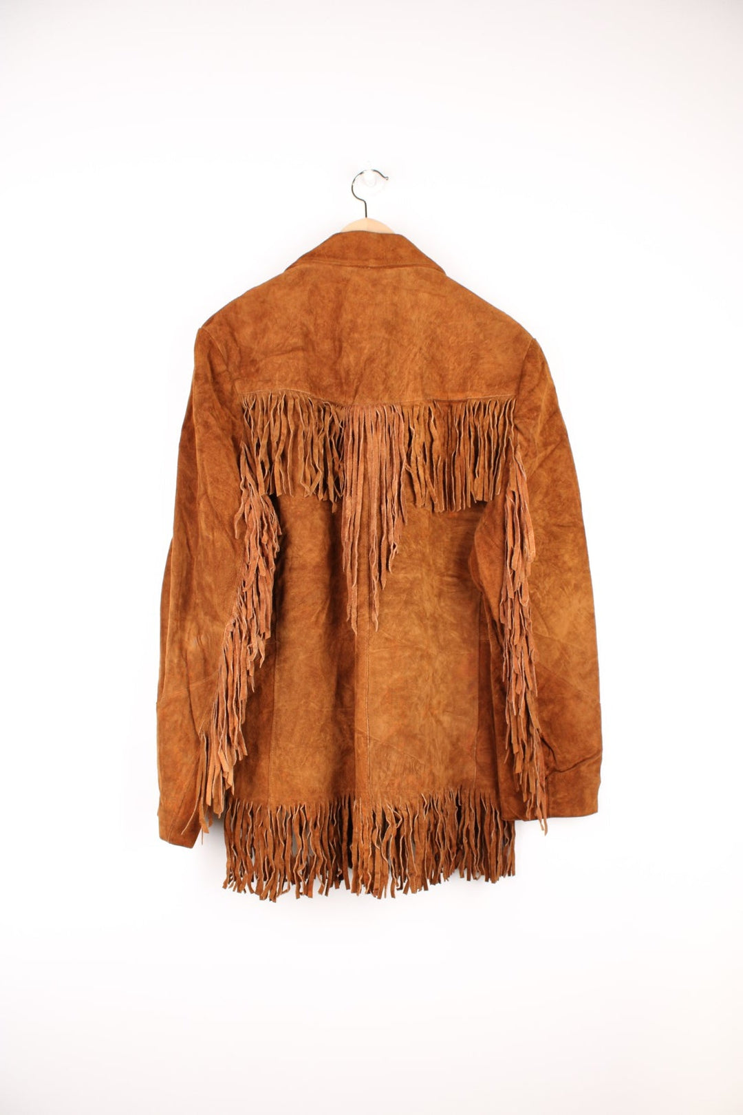 Vintage Pioneer Wear Western Leather Fringe Jacket in a brown colourway, button up with side pockets, big collar, and has fringe tassels throughout. 