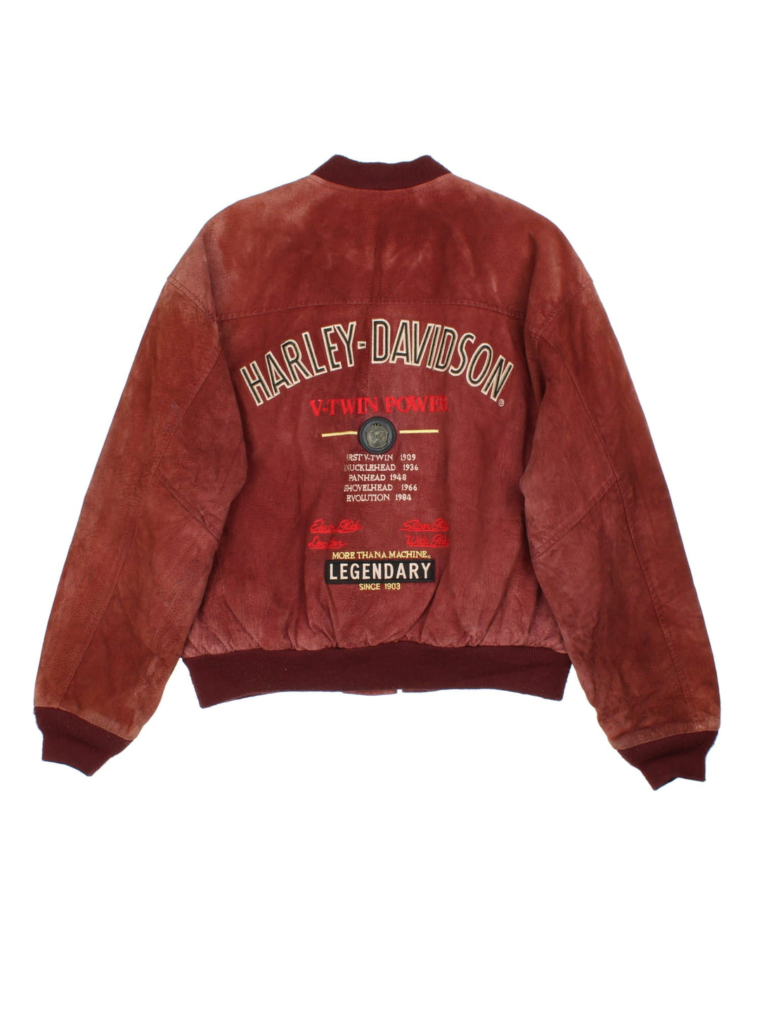 Harley-Davidson Leather Bomber Jacket in a red colourway. Full zip with multiple pockets on the front and inside. Detailling across the back with V twin badge and crest.