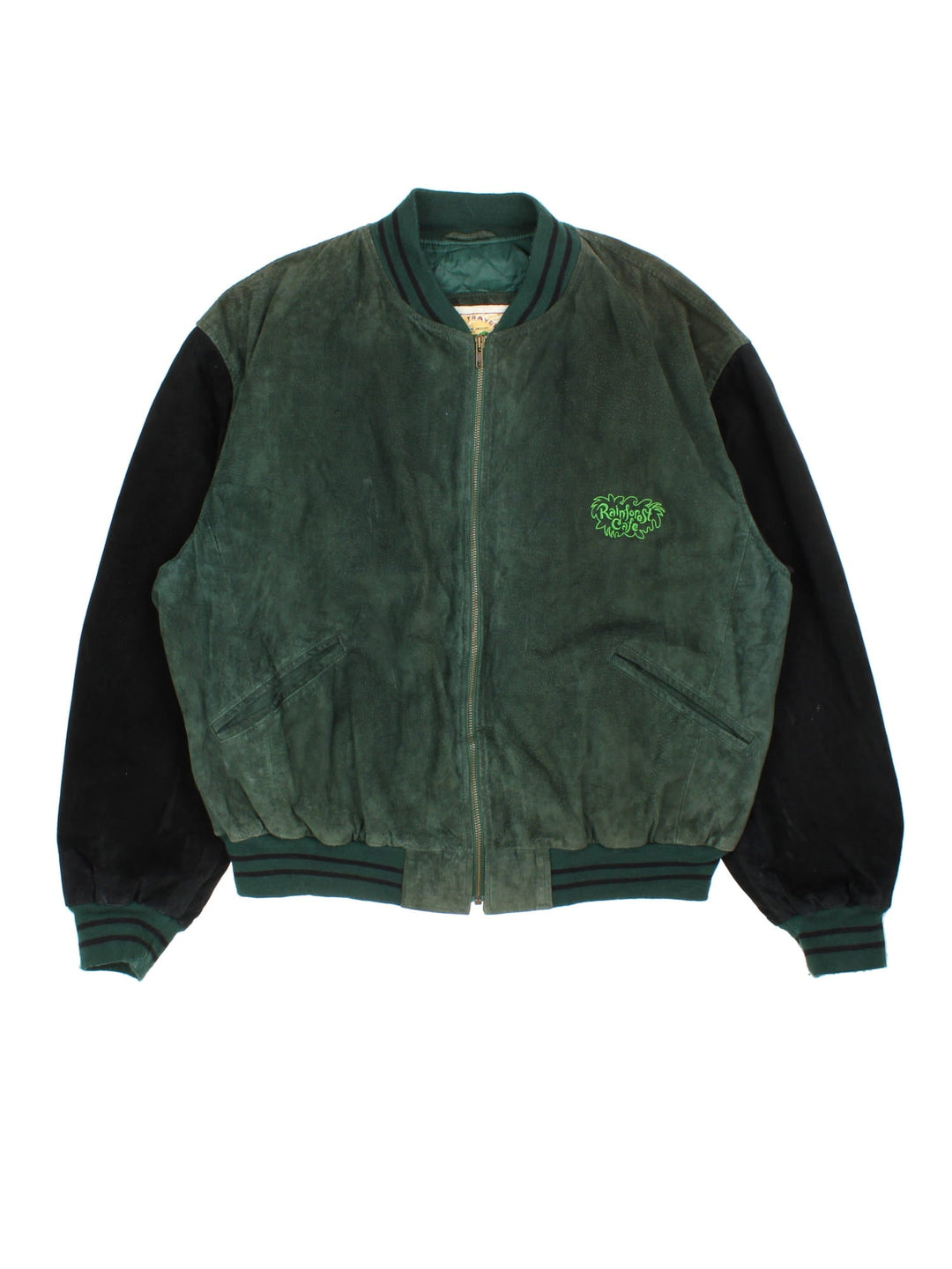 Vintage Rainforest Cafe Bomber Jacket in a green colourway with black sleeves striped cuffed hem. Full zip with double pocket and large logo on the back with Las Vegas lettering.