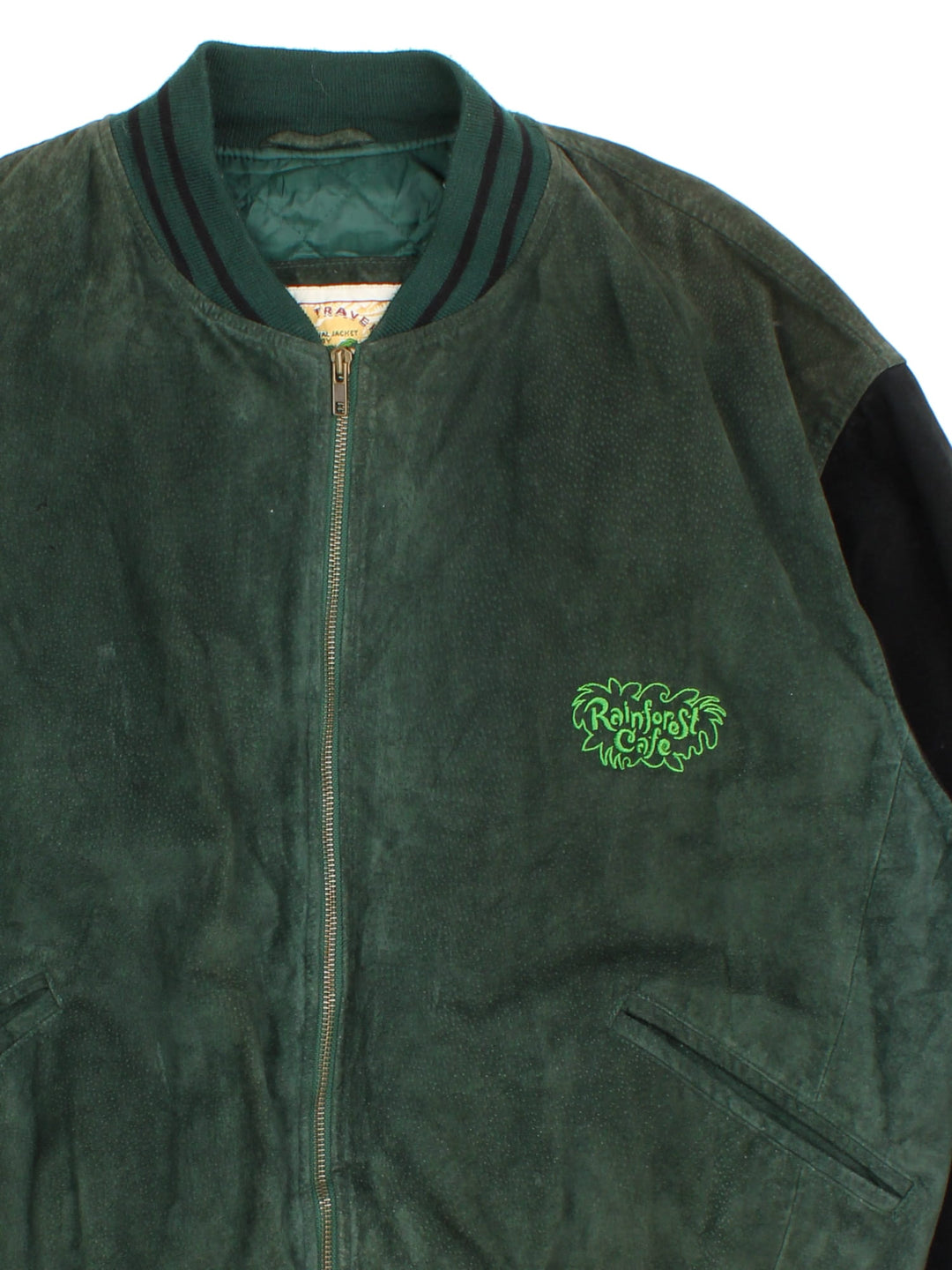 Vintage Rainforest Cafe Bomber Jacket in a green colourway with black sleeves striped cuffed hem. Full zip with double pocket and large logo on the back with Las Vegas lettering.