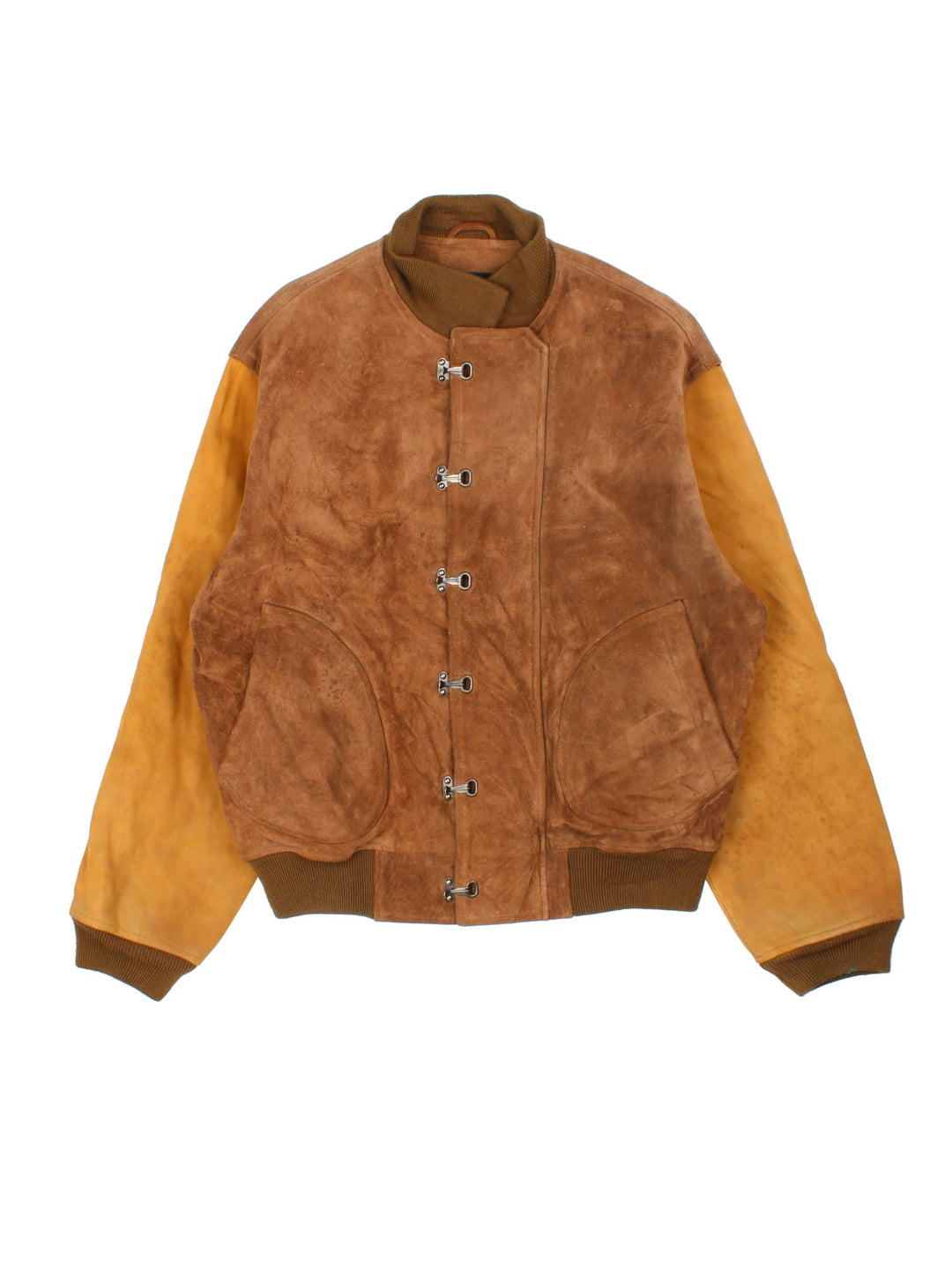 Ralph Lauren Leather Bomber Jacket in a brown colourway. Metal clasps on the front with double pocket, Tan coloured sleeves with brown cuffed hem.