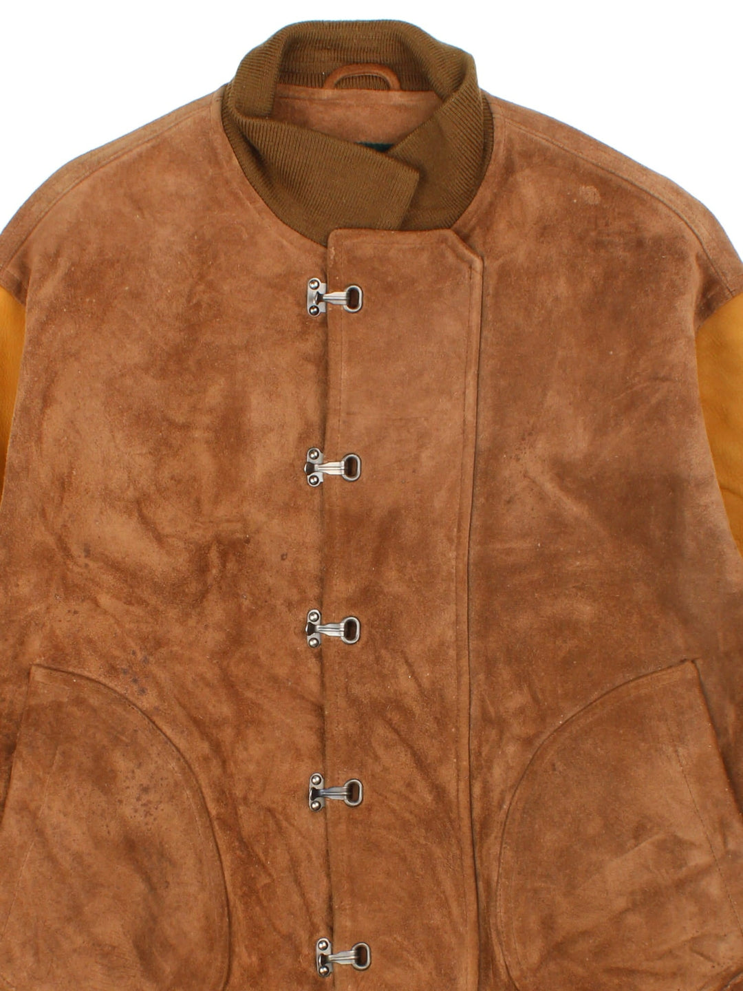 Ralph Lauren Leather Bomber Jacket in a brown colourway. Metal clasps on the front with double pocket, Tan coloured sleeves with brown cuffed hem.