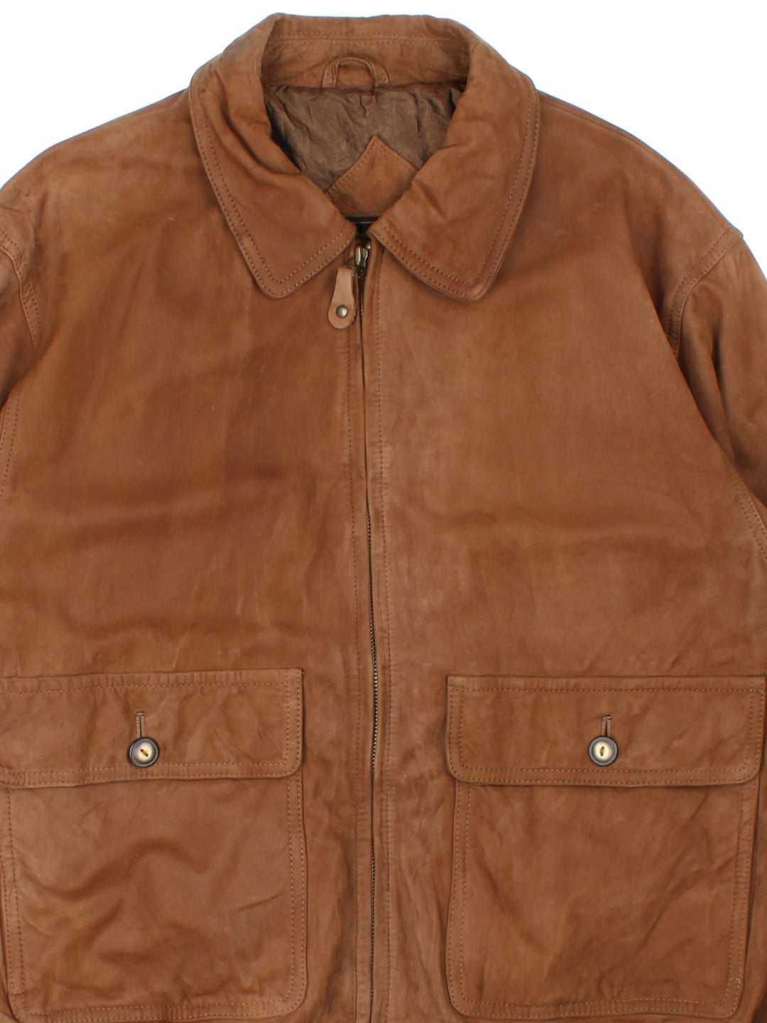 Vintage Leather Bomber Jacket in a brown colourway. Full zip with double button pockets on the front and cuffed hem. 