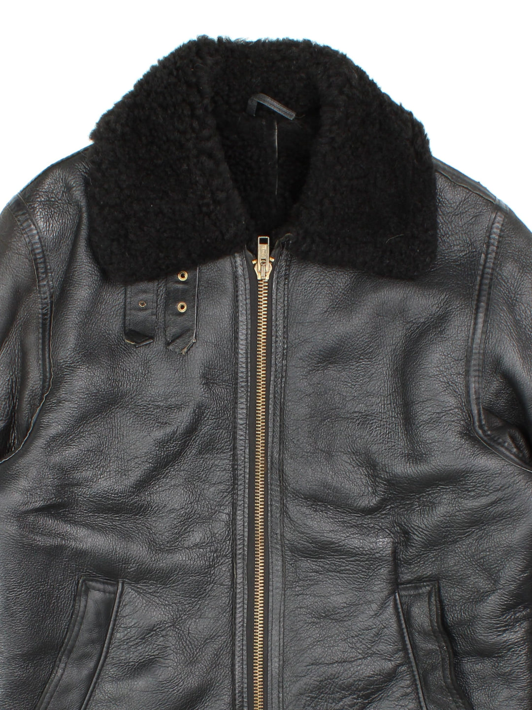 Vintage Leather Flight Jacket in a black colourway. Full zip with pockets on front, insulated shearling lining and large collar.