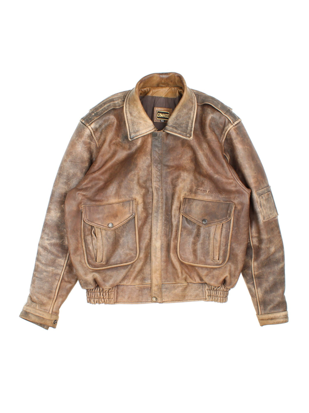 Vintage Leather Flight Aviator Jacket in a brown colourway. Multiple button pockets on front with small logo, inside pockets and some detailing on sleeve.